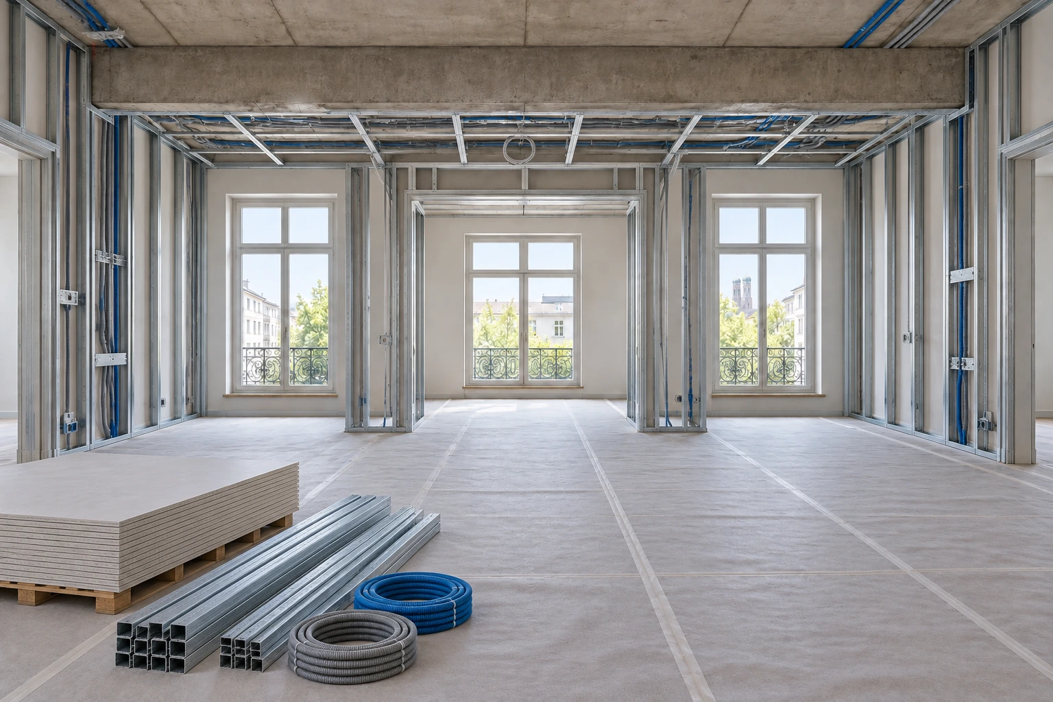 Gleicher Altbauraum während der Trockenbauphase mit präzise montiertem Metallständerwerk und vorbereiteten Installationen