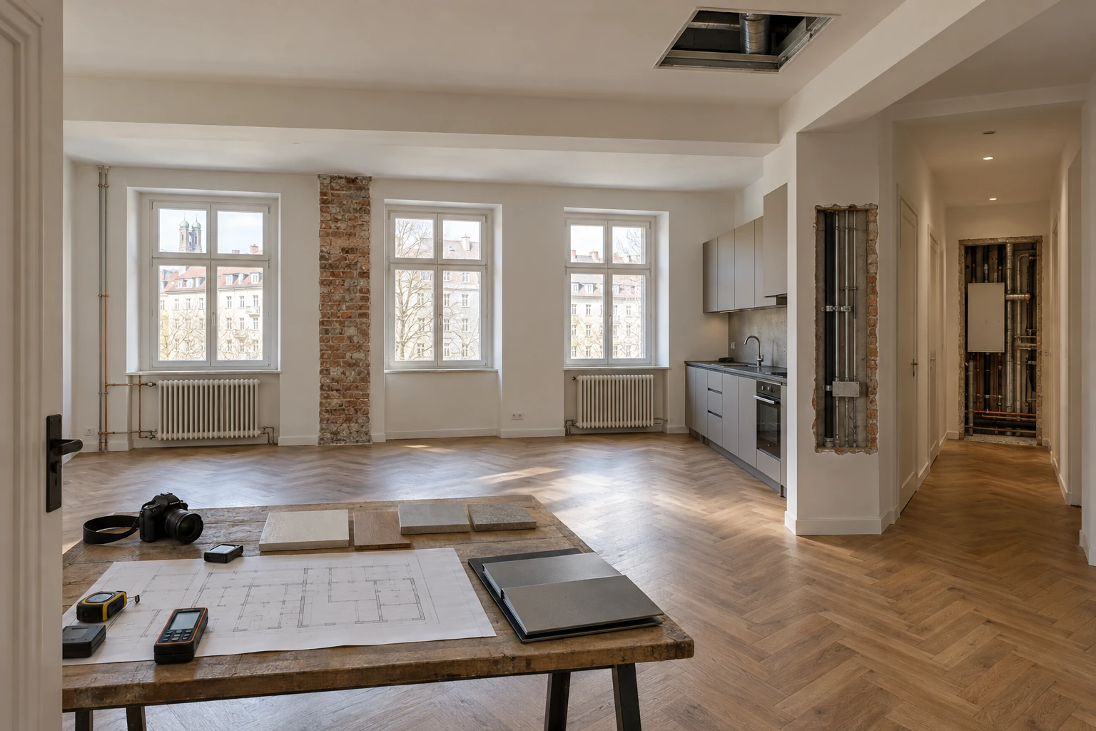 Illustrative Bestandsprüfung einer Münchner Altbauwohnung mit alten Heizkörpern, sichtbaren Rohranschlüssen, geöffnetem Installationsschacht, Deckenrevision und neutralen Prüfunterlagen