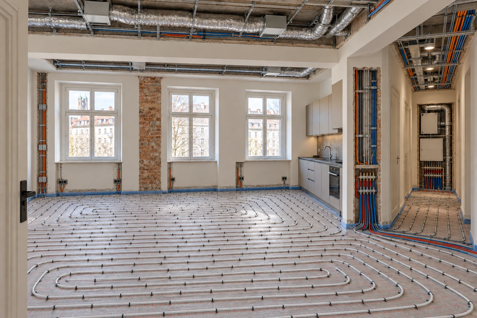 Illustrative koordinierte Rohinstallation derselben Wohnung mit Flächenheizung, Lüftungskanälen, getrennten Elektro- und Datenwegen sowie zugänglichen Verteilungen im Technikbereich