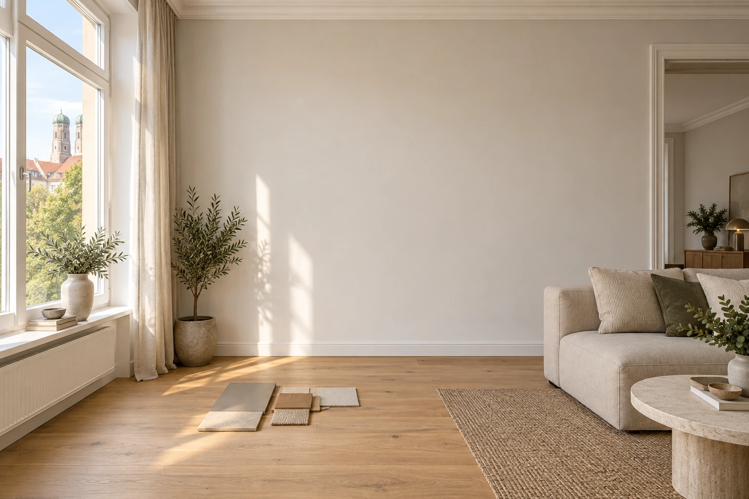 Münchner Wohnraum im Ausgangszustand mit neutraler Wand und bereitgelegten Materialmustern vor der Gestaltung einer Akzentwand
