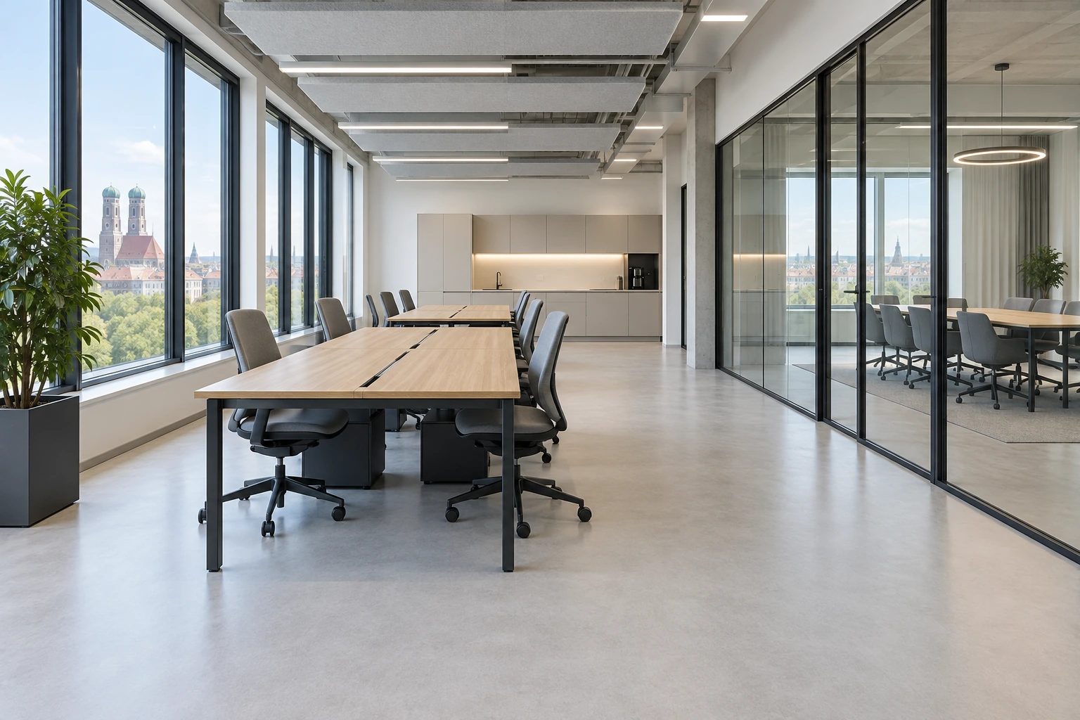 Illustrativ übergabebereites Büro nach der Reinigung mit ausgerichteten Stühlen, freien Schreibtischen, sauberer Teeküche, streifenfreiem Glas und makellosem Boden