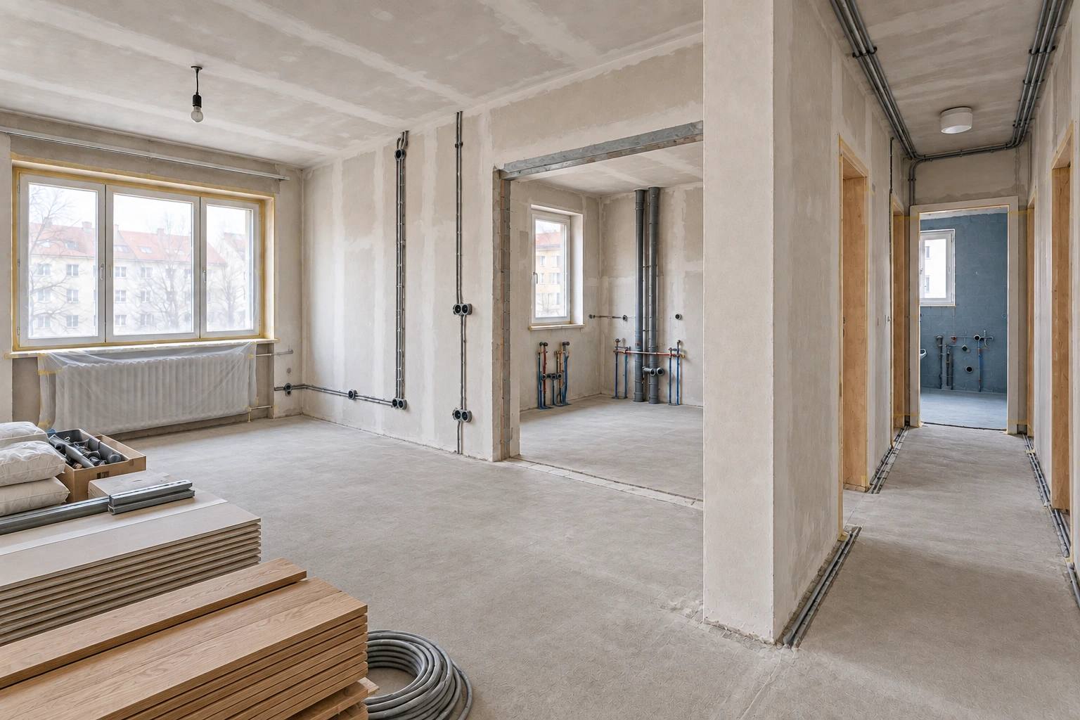 Gleiche Wohnung im technischen Ausbau mit repariertem Estrich, erneuerten Elektro- und Sanitärleitungen, vorbereiteten Wandflächen und abgedichtetem Bad