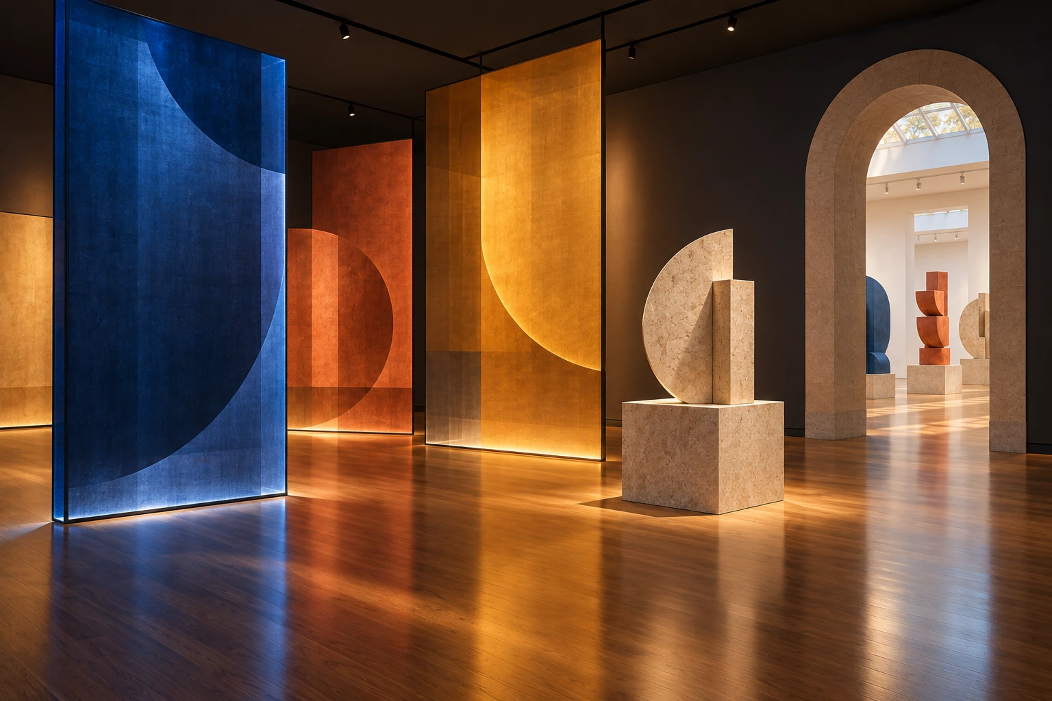 Abschließender Medienkunstraum derselben fiktiven Ausstellung mit abstrakten Lichtflächen und transluzenten Formen in Blau, Ocker und Terrakotta