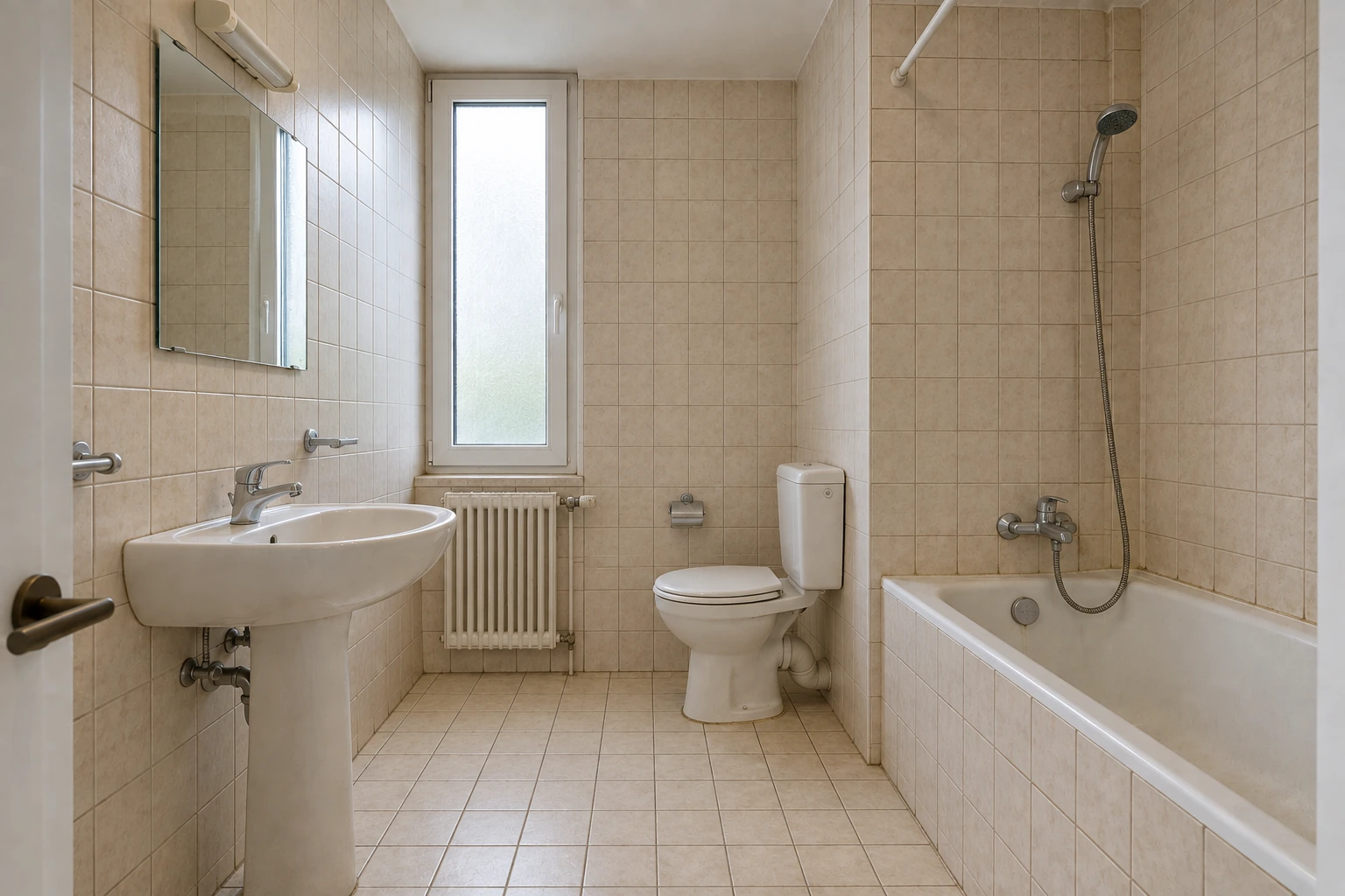 Illustrativer Badbestand vor dem Umbau mit kleinen beigen Fliesen, älterer Badewanne, Standtoilette, einfachem Waschtisch, Heizkörper und schmalem Fenster