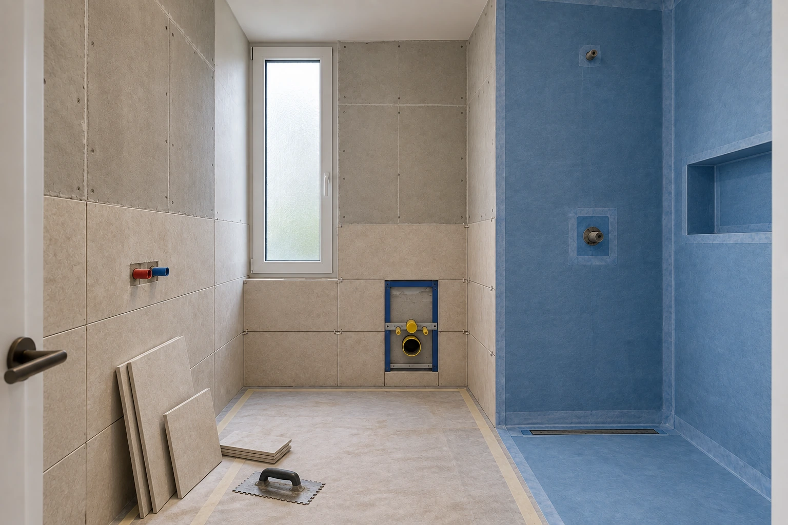 Illustrative Ausbauphase desselben Bads mit vorbereiteten Bauplatten, großformatigen Wandfliesen sowie vollständig abgedichteter Dusche mit Dichtbändern, Rohrmanschetten und Linienablauf
