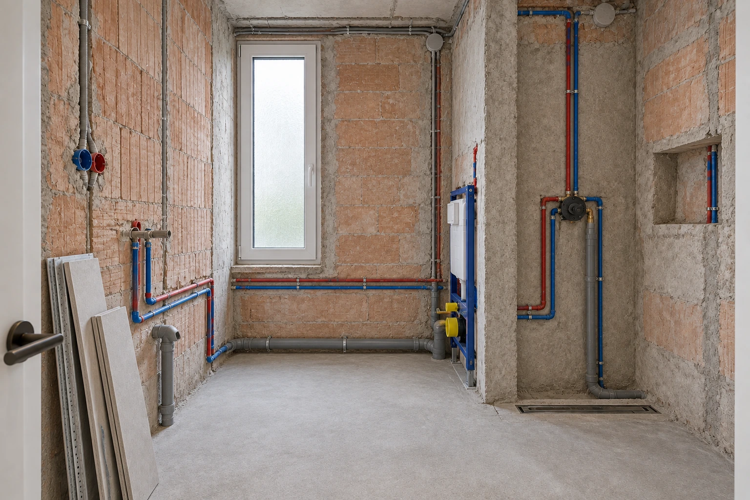 Illustrative Rohinstallationsphase desselben Bads mit freigelegtem Mauerwerk, geordneten Wasser-, Abfluss- und Elektroleitungen, WC-Vorwandelement und vorbereiteter Duschrinne