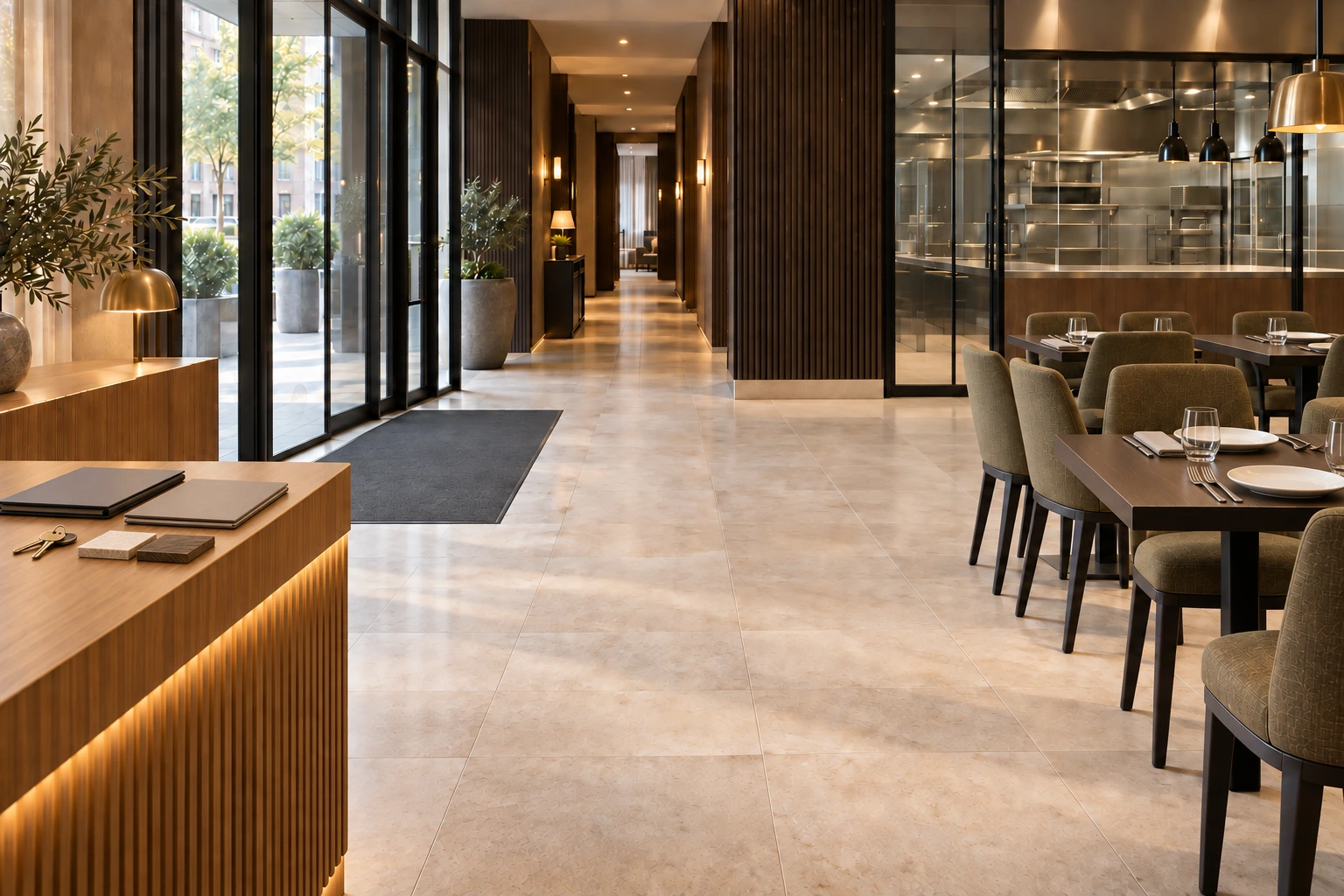 Illustrativ vollständig gereinigter und übergabebereiter Hotel- und Restaurantbereich mit geordneten Tischen, klarem Eingangsglas, trockenen Böden, sauberer Serviceküche, freien Wegen sowie Schlüsseln und blanker Dokumentation