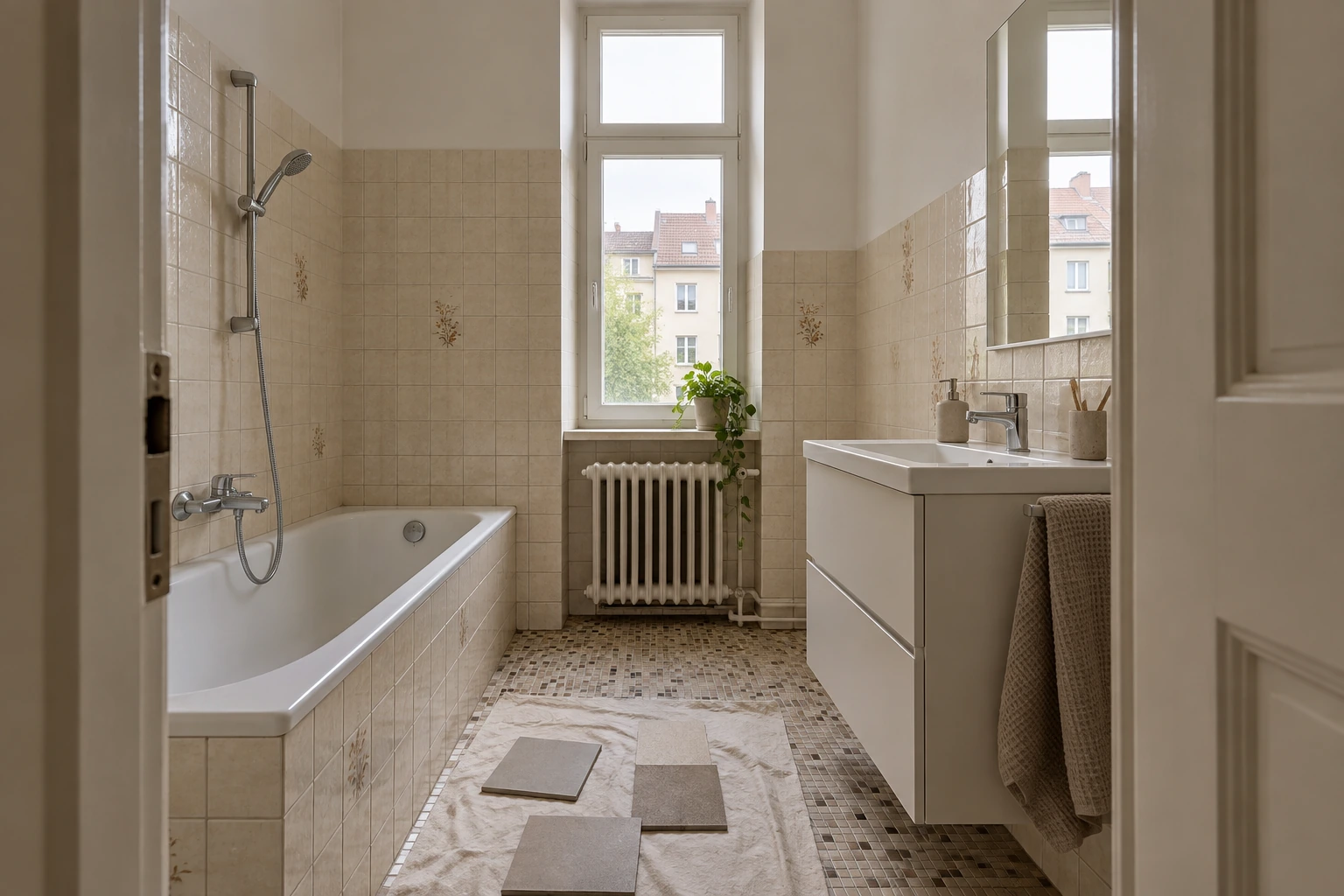 Kompaktes Münchner Bad im Ausgangszustand mit kleinen beigefarbenen Fliesen, Badewanne, Waschtisch und warmgrauen Microzementmustern