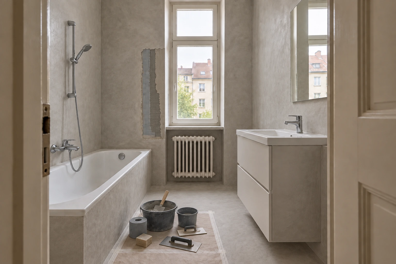 Gleiches Bad während des Microzementauftrags mit fugenlosen warmgrauen Wand- und Bodenflächen, feiner Spachtelstruktur und sichtbar vorbereitetem Schichtaufbau