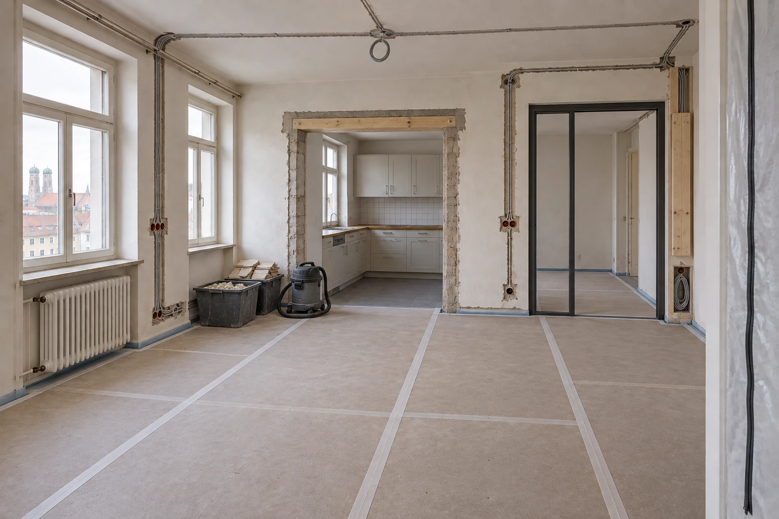 Illustrative koordinierte Ausbauvorbereitung derselben Wohnung mit geschütztem Parkett, verbreitertem Küchenzugang, verglaster Arbeitsraumtrennung, geordneten Elektro- und Datenwegen sowie vorbereiteten Verstärkungen