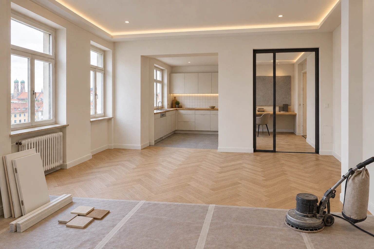 Illustrative Ausbauphase derselben Wohnung mit geschlossenen Installationswegen, indirekter Beleuchtung, fertiggestellter Glastrennung, akustischem Arbeitsbereich, erneuerter Küche und aufgearbeitetem Fischgrätparkett
