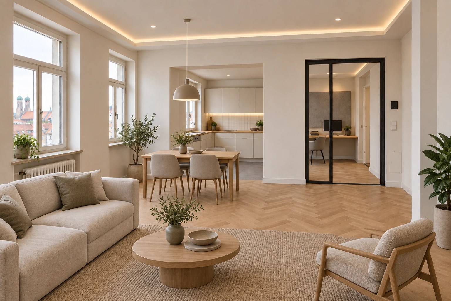 Illustrativ fertig modernisierte Münchner Wohnung mit aufgearbeitetem Fischgrätparkett, offenem Wohn- und Küchenbereich, verglastem ruhigem Arbeitsplatz, Akustikfläche, indirektem Licht, lokalen Schaltern und freien Laufwegen