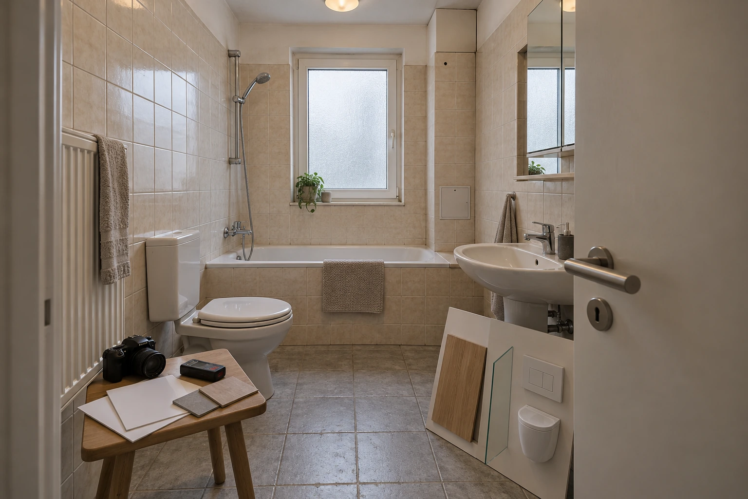 Illustrative Bestandsaufnahme eines kompakten Münchner Badezimmers mit einwärts öffnender Tür, Badewanne, älterem WC und Waschtisch sowie Kamera, blanken Plänen und unmarkierten Produktmustern