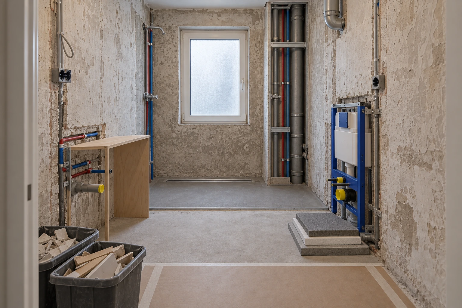 Illustrative technische Prüfung desselben entkernten Bads mit offenem Installationsschacht, vorbereitetem Duschgefälle und Linienablauf, Wand-WC-Träger, Vanity-Anschlüssen, Elektrozone und Bodenaufbau