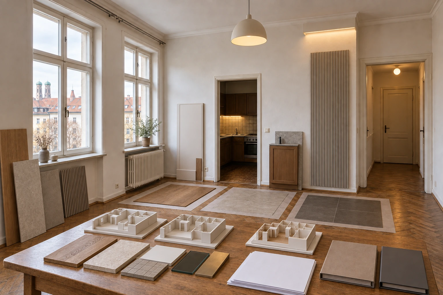 Illustrative Bemusterung derselben Wohnung mit drei unmarkierten Grundrissmodellen, blanken Planunterlagen, ausgewählten und alternativen Materialfamilien sowie großformatigen Boden-, Tür-, Einbau-, Akustik- und Lichtmustern im realen Raum
