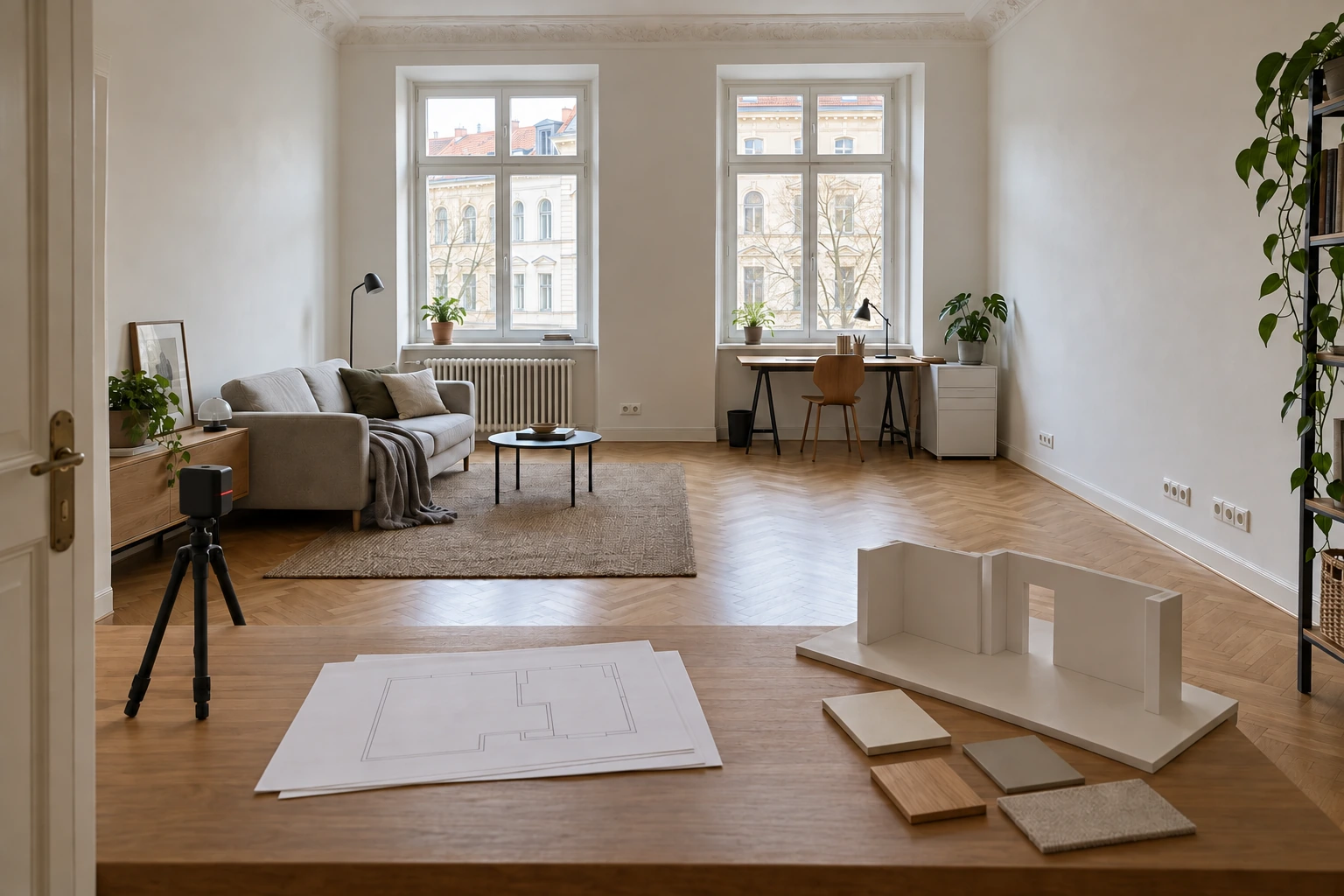 Illustrative Bestands- und Planungsaufnahme eines gemeinsamen Wohn- und Arbeitsraums in einer Münchner Altbauwohnung mit zwei Fenstern, Parkett, unmarkiertem Raumscanner, blankem Grundriss, Materialmustern und Wandmodell