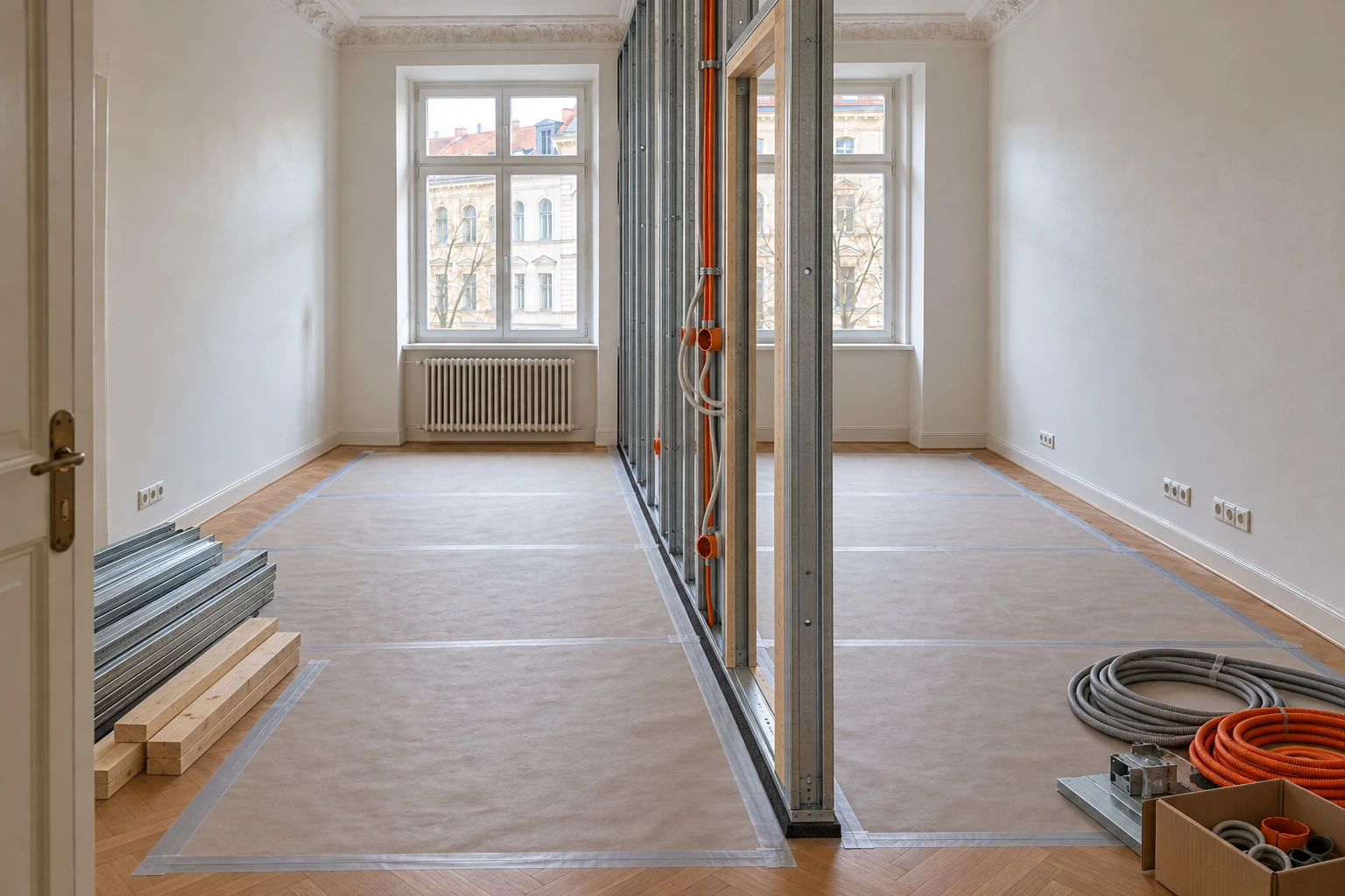 Illustrative Montagephase derselben Wohnung mit geschütztem Parkett, längs gesetztem Metallständerwerk zwischen den Fenstern, verstärkter Türöffnung sowie vorbereiteten Elektro- und Netzwerkleitungen für den neuen Arbeitsraum