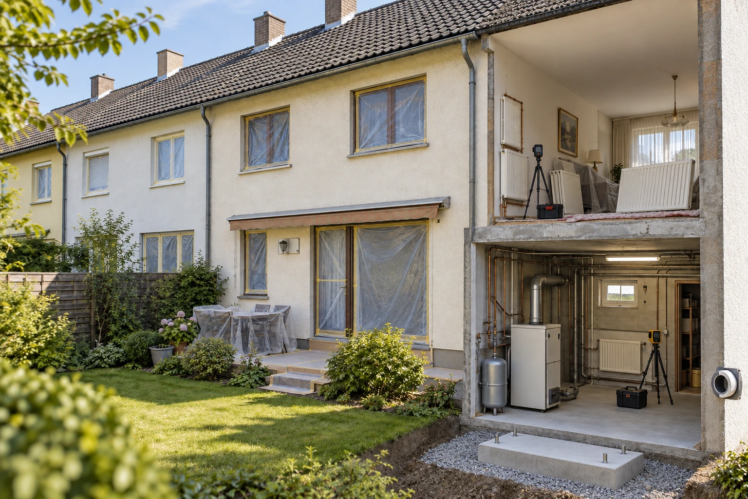 Dasselbe Reihenhaus während technischer Prüfung mit geschützten Flächen, vorbereiteten Heizkörpern, Messgeräten und Fundament für das Außengerät