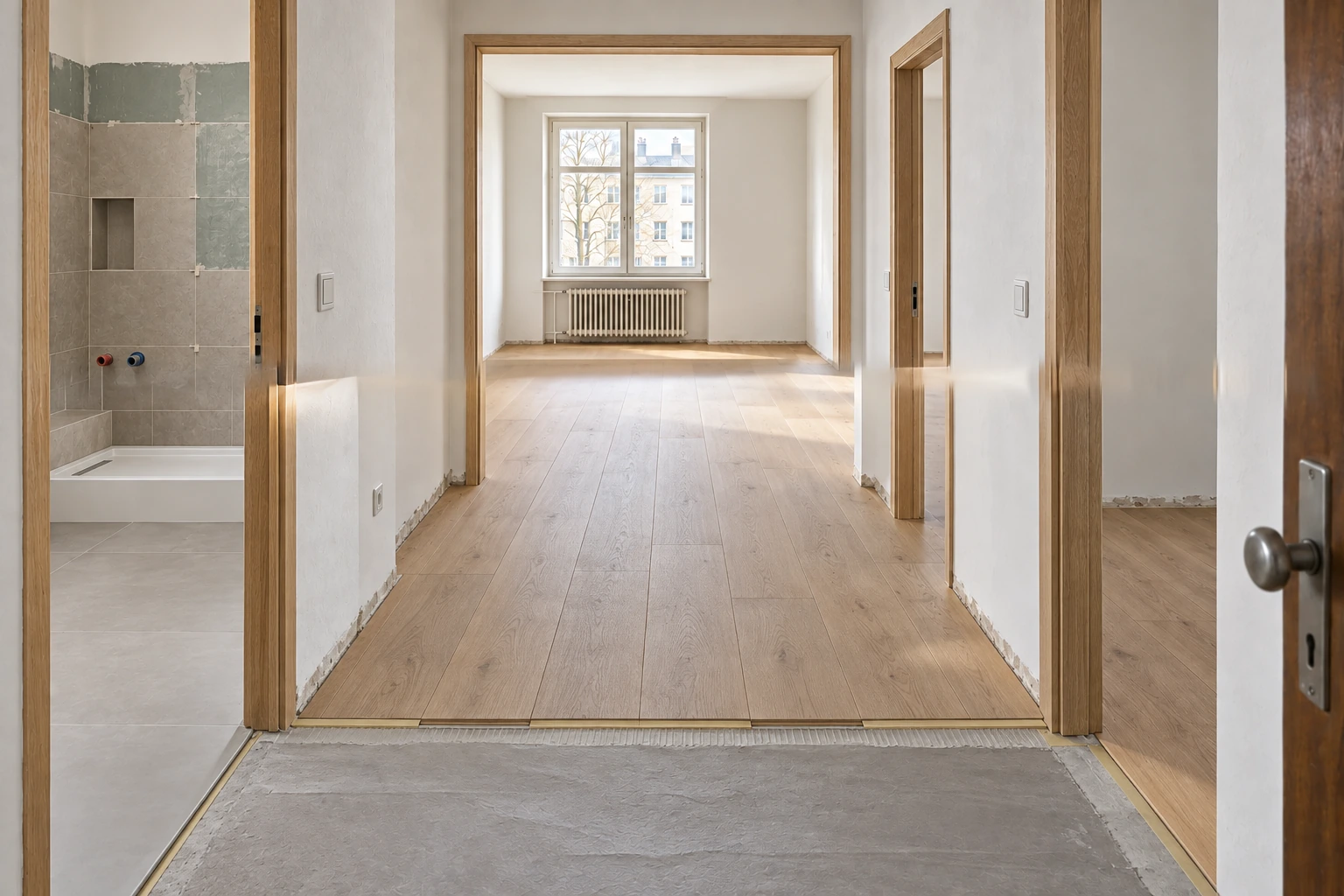 Illustrative Ausbauphase derselben Wohnung mit geschlossenem Bodenbefund, fertig koordinierter Elektroinstallation, geglätteten Wandflächen, abgedichtetem und teilweise gefliestem Bad, neuen Eichenrahmen und begonnener einheitlicher Bodenverlegung