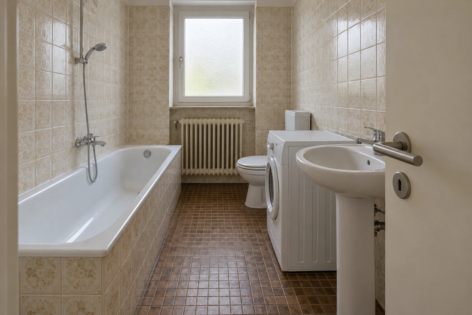 Kleines Münchner Badezimmer vor der Sanierung mit Badewanne, Standwaschtisch, Waschmaschine, WC, älteren Fliesen und engem Durchgang