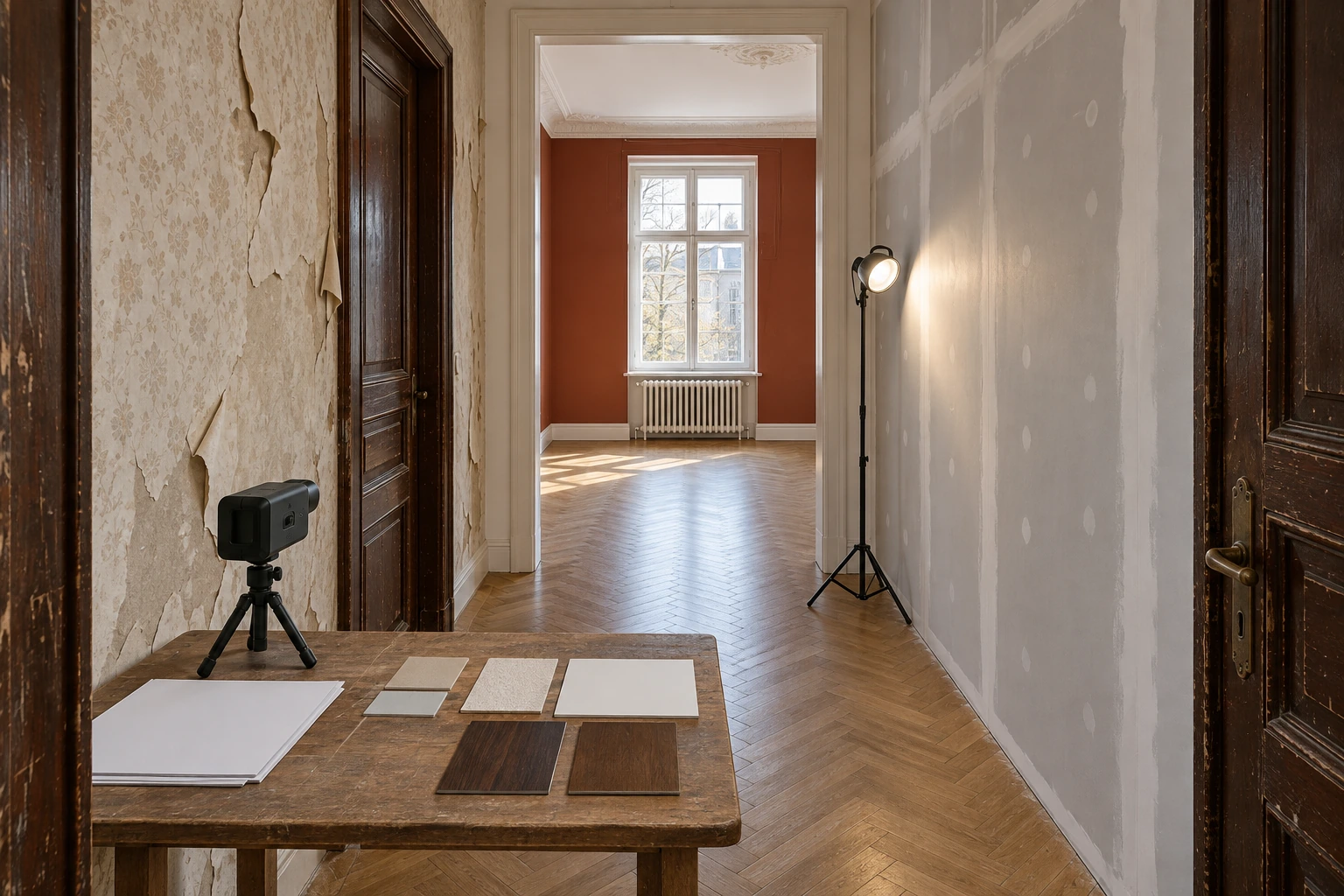 Illustrative Bestandsaufnahme einer Münchner Altbauwohnung mit kräftig terrakottafarbenem Wohnzimmer, abgelöster Flurtapete, neuer Gipskartonwand unter Streiflicht, zwei dunklen Türen sowie unmarkiertem Scanner und neutralen Oberflächenmustern