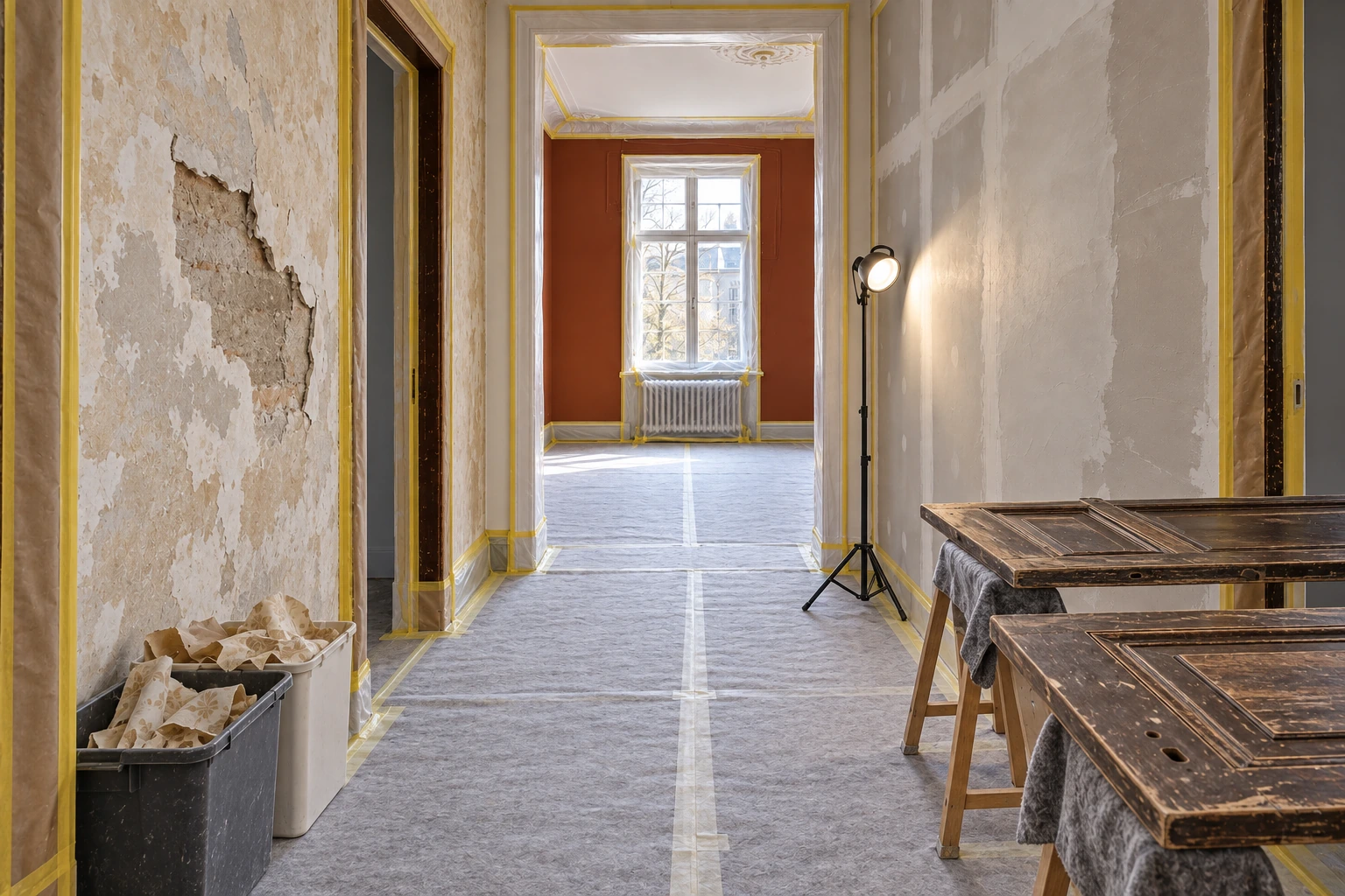 Illustrative Vorbereitungsphase derselben Wohnung mit vollständig geschütztem Fischgrätparkett, entfernter Flurtapete, freigelegter loser Putzstelle, begonnener Vollflächenspachtelung unter Streiflicht sowie ausgebauten und angeschliffenen Türblättern