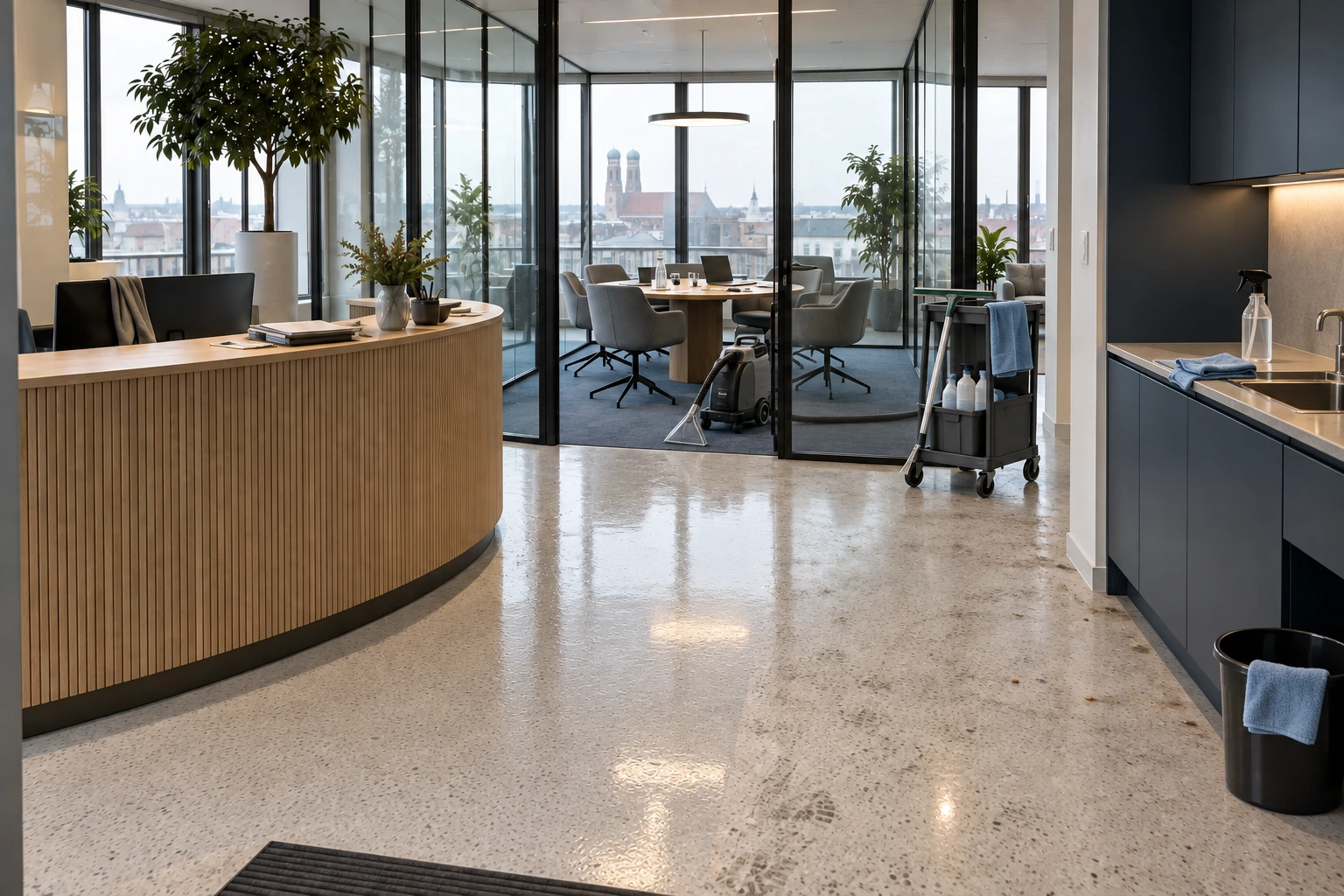 Illustrative Reinigungsphase desselben Büros mit teilweise frisch bearbeitetem Terrazzo, fast klarem Glas, gereinigter Teeküche, bereitgestelltem Teppichgerät und geordnetem Arbeitswagen