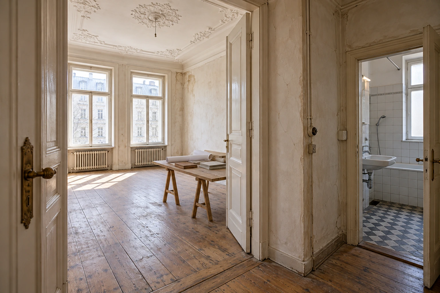 Münchner Gründerzeitwohnung vor der Sanierung mit abgenutzten Dielen, historischen Flügeltüren, Deckenstuck, rissigem Kalkputz, älteren Elektrodetails und veraltetem Bad