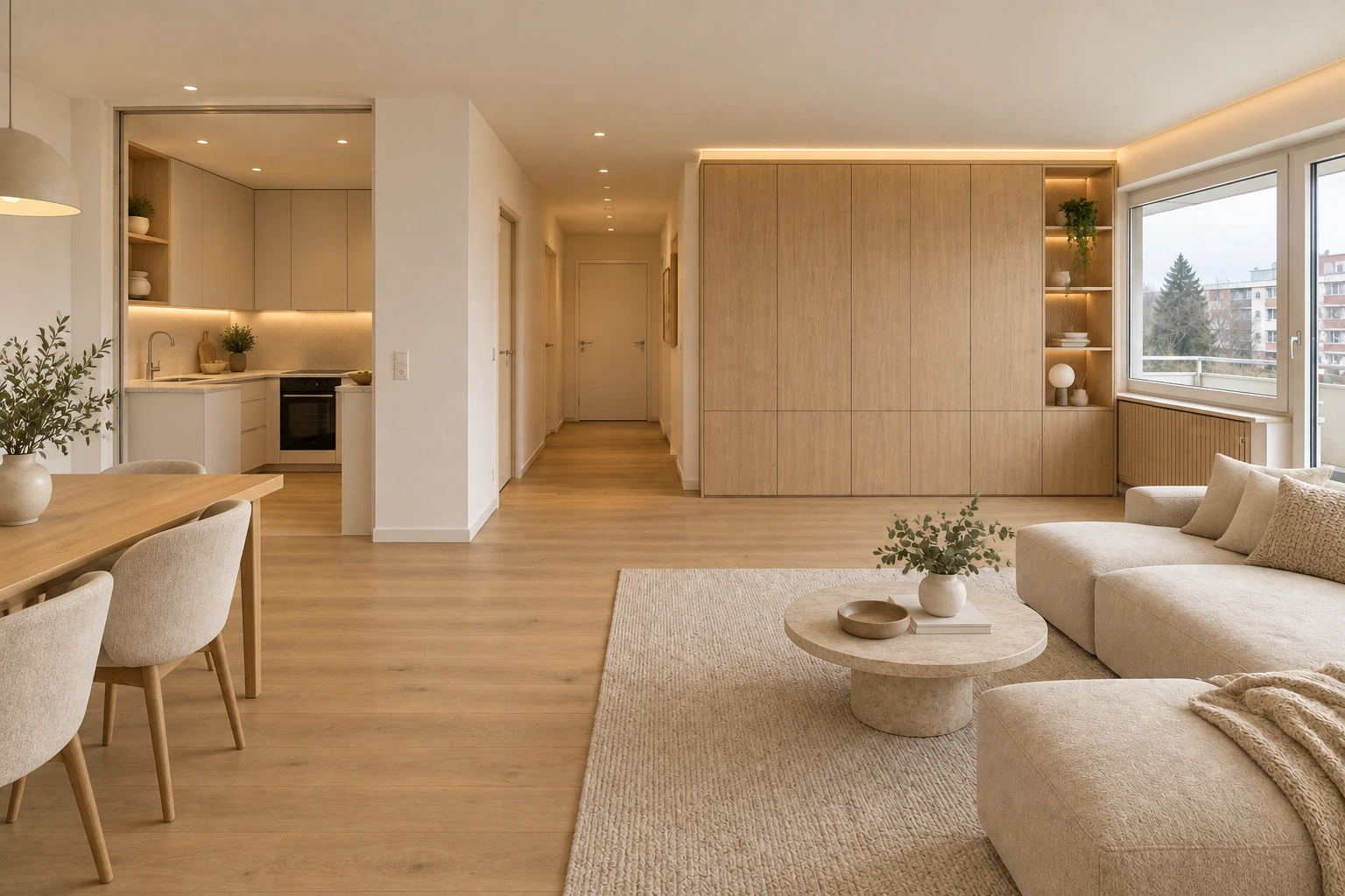 Fertig gestaltete Münchner Wohnung mit heller Küche, maßgefertigter Stauraumwand, Eichenboden, abgestimmter Beleuchtung und ruhigem Wohnbereich