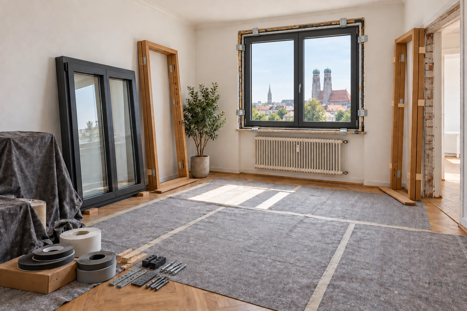 Derselbe Raum während der präzisen Fenstermontage und Ausrichtung der Türzarge mit sichtbaren Anschlussfugen