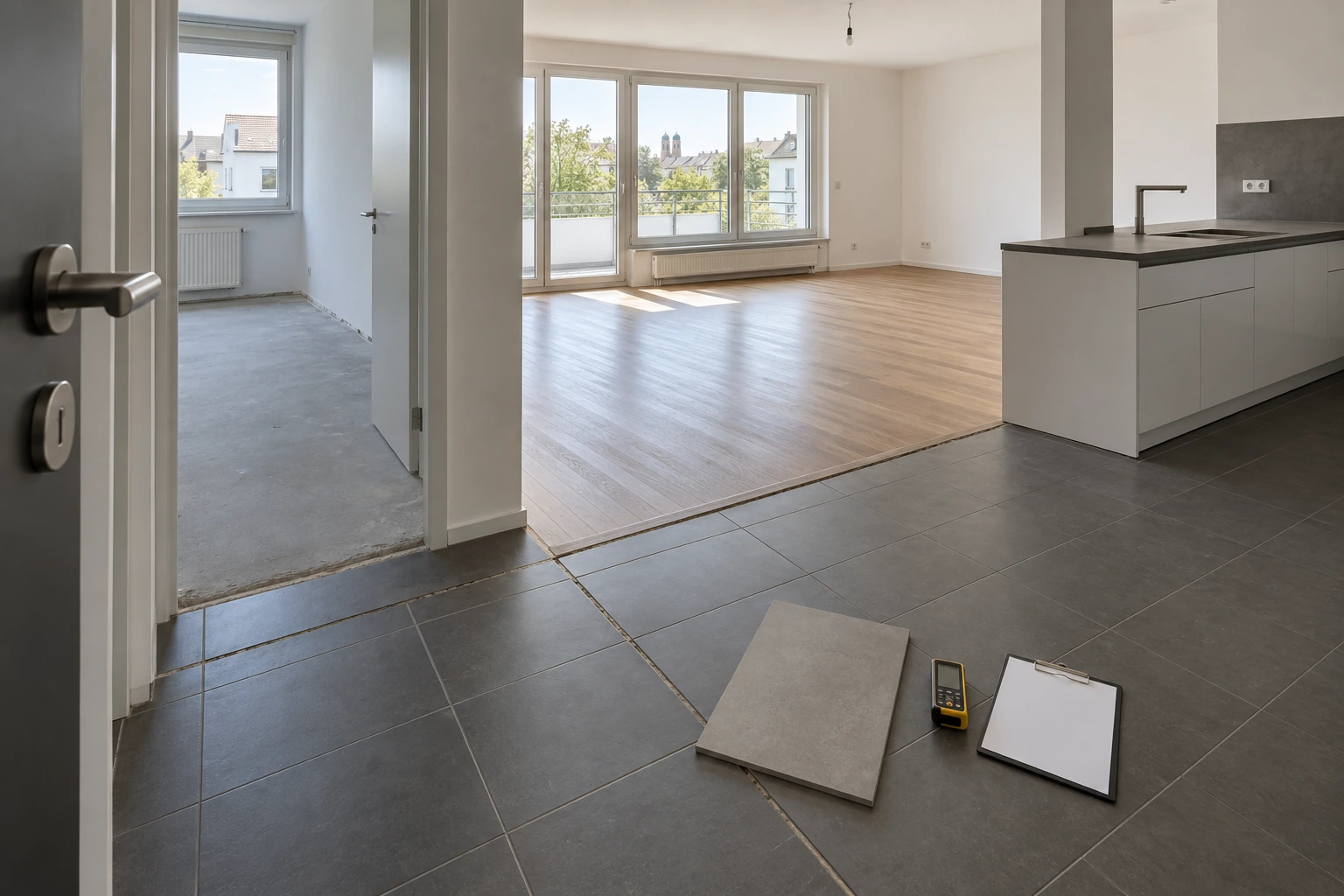 Illustrative Bestandsaufnahme einer Münchner Wohnung mit Fliesen in Flur und Küche, Parkett im Wohnraum, älterem Estrich im Arbeitszimmer, unterschiedlichen Höhen und einer vorhandenen Estrichfuge