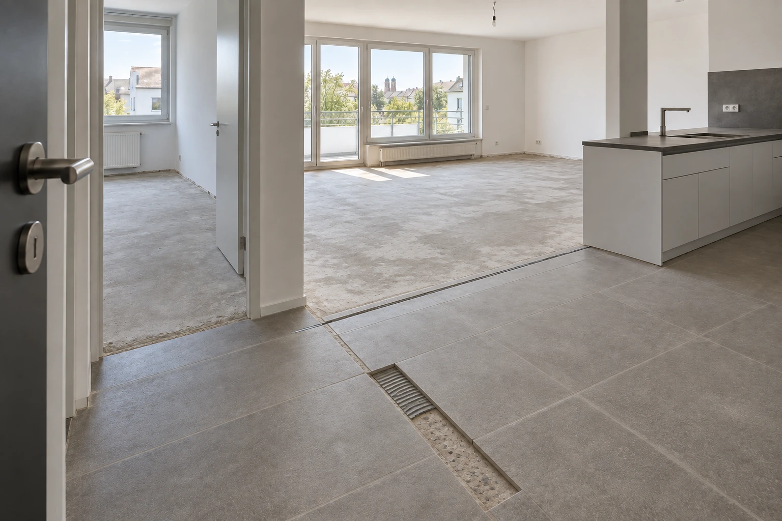 Illustrative Untergrundsanierung derselben Wohnung mit entferntem Parkett, freigelegtem Estrich, angeschliffenen Bestandsfliesen, ausgeglichenen Höhen und bewahrtem Bewegungsfugendetail