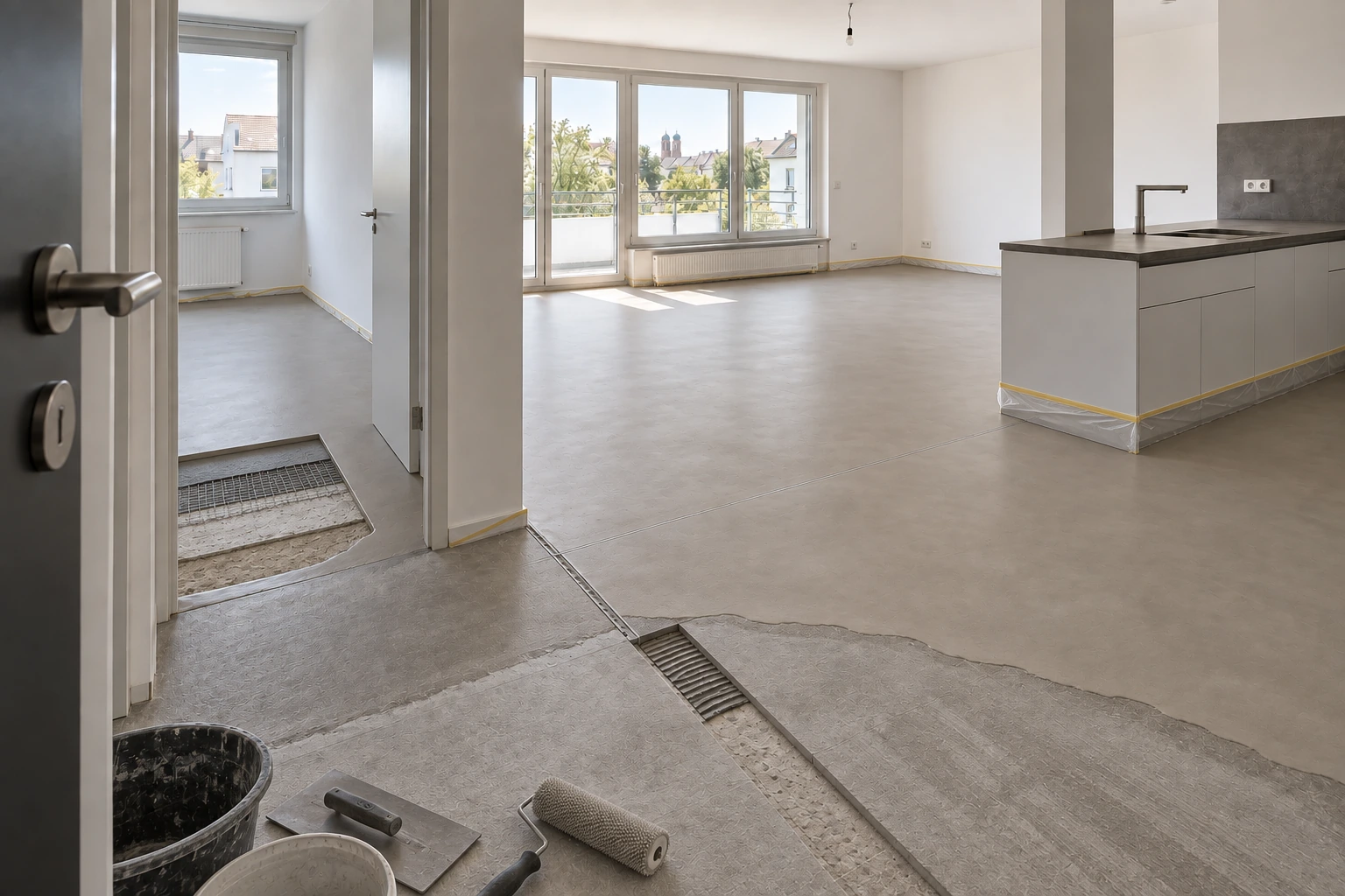 Illustrative Beschichtungsphase derselben Wohnung mit verstärkter Ausgleichsschicht, sichtbarem Kontrollfeld, koordinierter Bewegungsfuge und teilweise aufgebrachtem warmgrauem Gussboden in Betonoptik