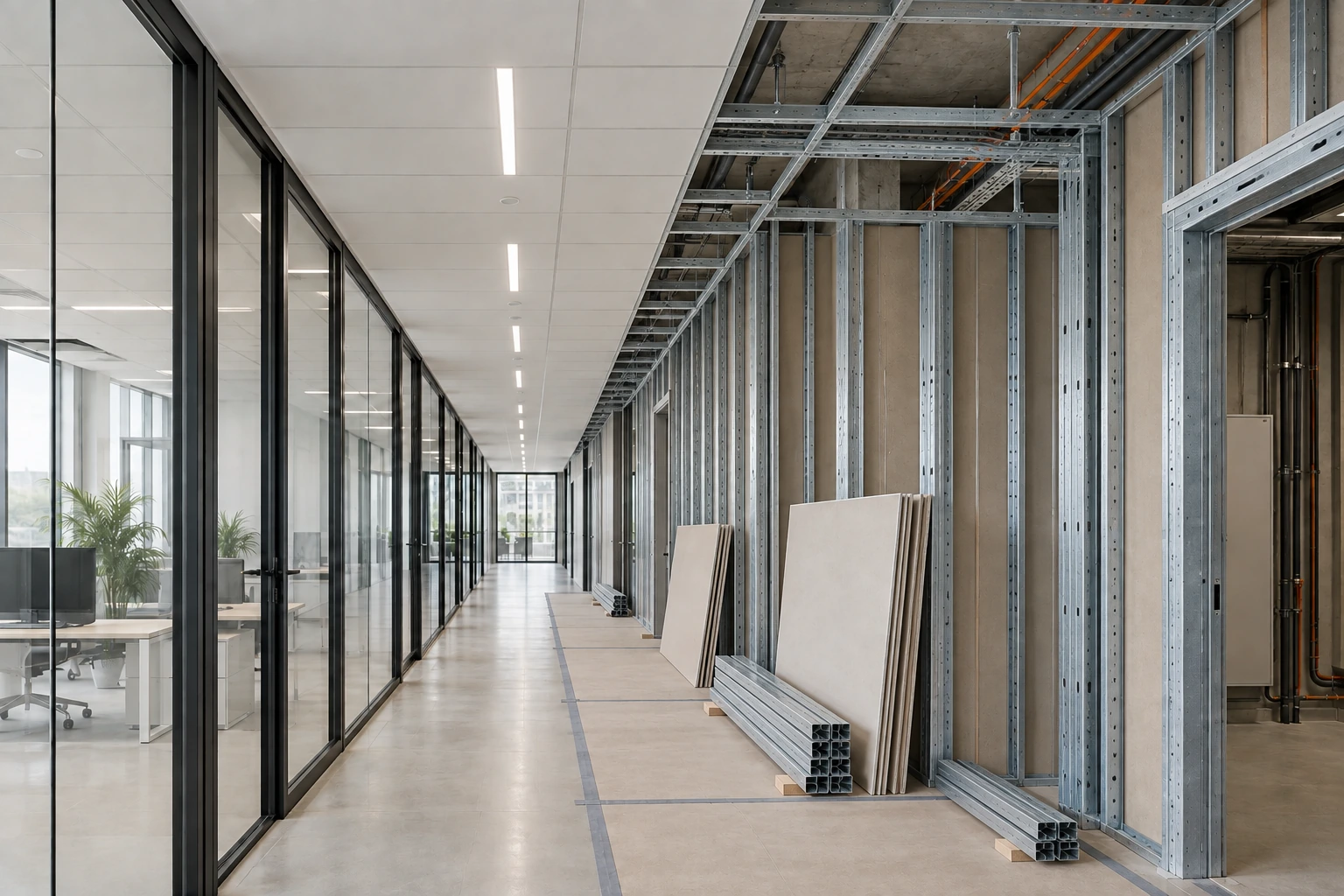 Illustrative Unterkonstruktionsphase desselben Büroflurs mit raumhohen Metallständern bis zur Rohdecke, verstärkter Technikraumöffnung, koordinierter Deckenunterkonstruktion, geordneten Leitungswegen und geschützten Bodenflächen