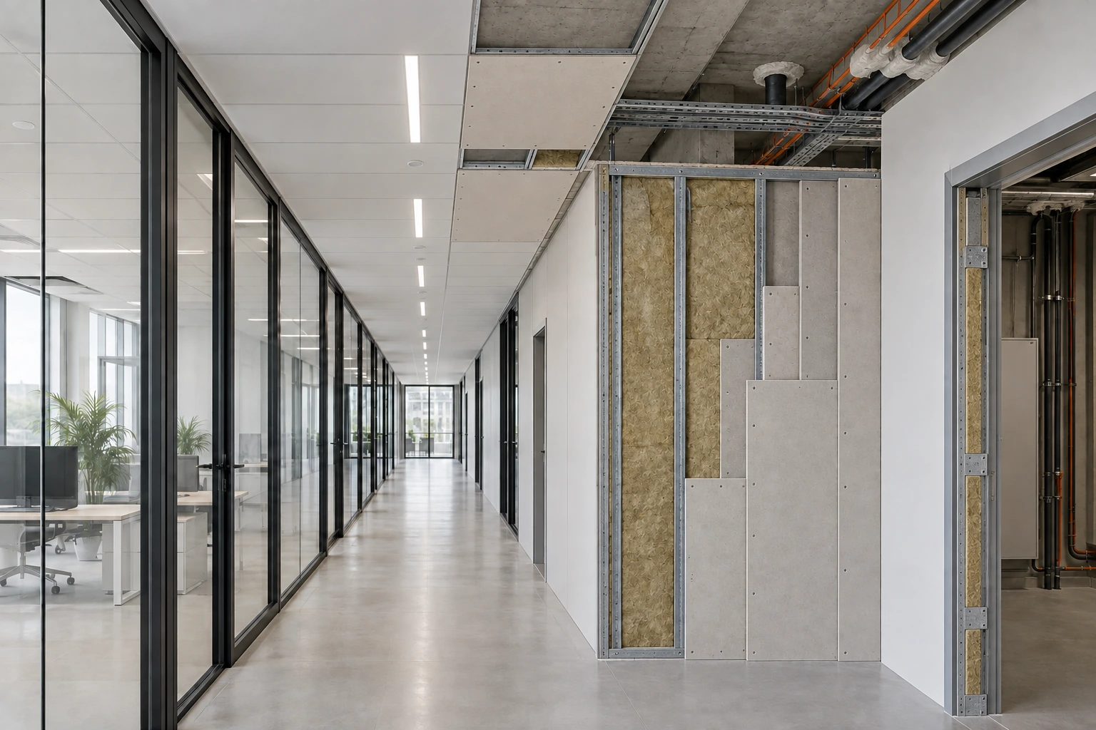 Illustrative Prüfphase desselben Büroflurs mit sichtbarer Mineralwolldämmung, Metallständern, versetzten mehrlagigen Brandschutzplatten, verstärkter Türöffnung, abgedichteten Leitungsdurchführungen und teilweise geschlossener Brandschutzdecke