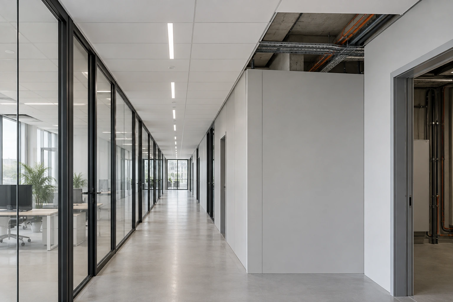 Illustrative Bestandsprüfung eines Münchner Büroflurs mit Glasbüros, Technikraum, abgehängter Akustikdecke und geöffnetem Deckenfeld, das vorhandene Wandoberkante, Rohdecke, Kabeltrassen und Rohrleitungen sichtbar macht