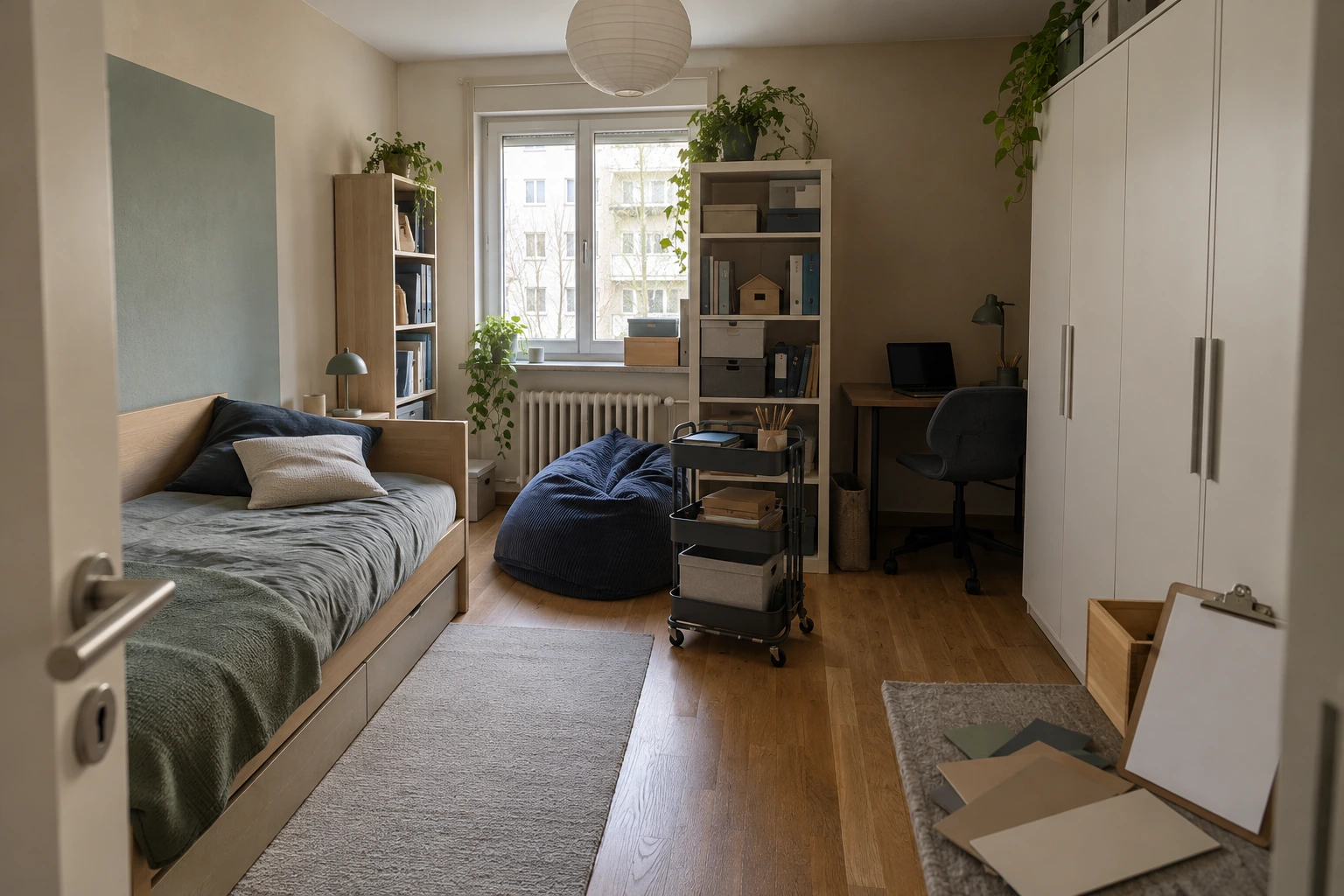 Illustrativer Bestand eines elf Quadratmeter großen Münchner Kinderzimmers mit kleinem dunklem Schreibtisch, offenem Regal vor dem Fenster, breitem Kleiderschrank und zugestellter freier Fläche