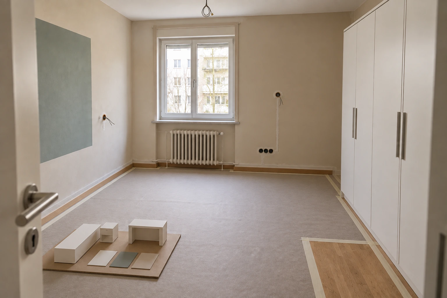 Illustrative Planungs- und Vorbereitungsphase desselben Zimmers mit erhaltenem Kleiderschrank, vorbereiteten Wänden, geschütztem Holzboden, neuen Strompunkten sowie neutralen Möbelmodellen und Farbmustern