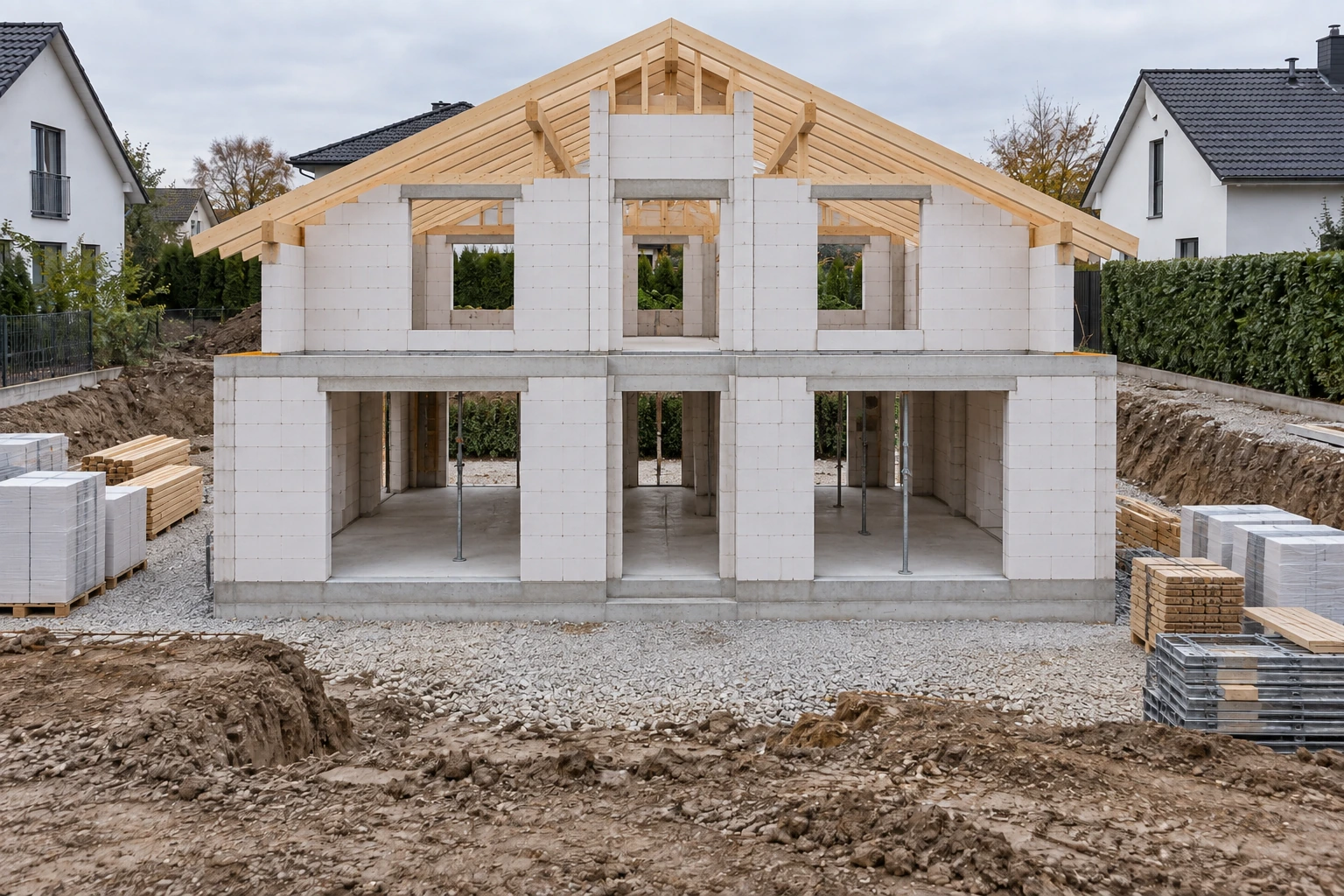 Derselbe Neubau im Rohbau mit präzisem Mauerwerk, Geschossdecke und aufgerichtetem Dachstuhl