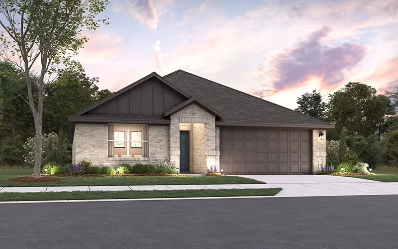 exterior of a single story brick home in night setting (rendering)