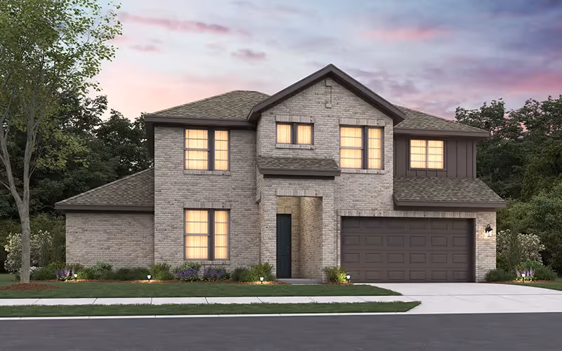 Exterior rendering of lancaster 2 story brick home in dusk lighting
