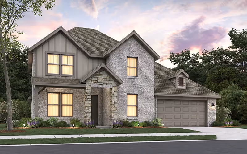 Exterior colored rendering of the 2 story Kensington plan in dusk lighting with 2 car front garage and driveway