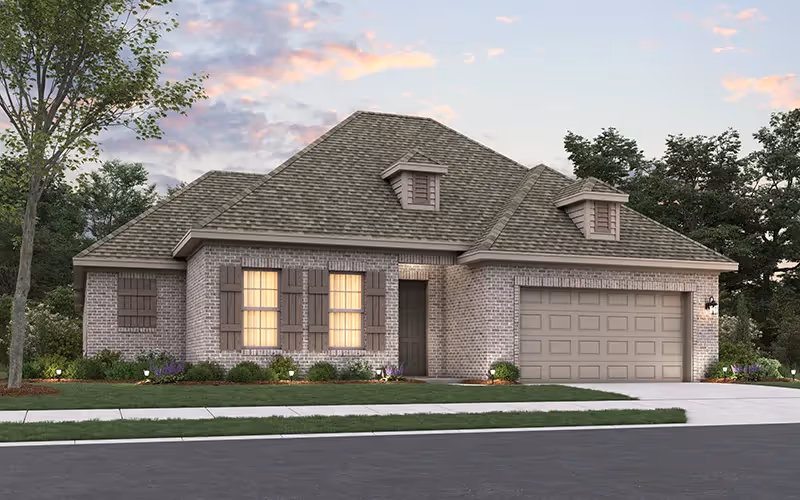 Colored rendering in dusk lighting, one story camden floorplan with a 2 car garage in the front