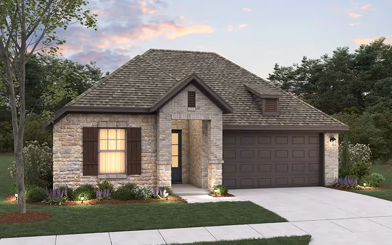 exterior colored rendering in dusk lighting of nash floorplan, one story with 2 car garage in front on right side