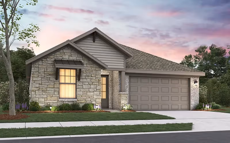 exterior rendering in dusk lighting of one story wade floor plan