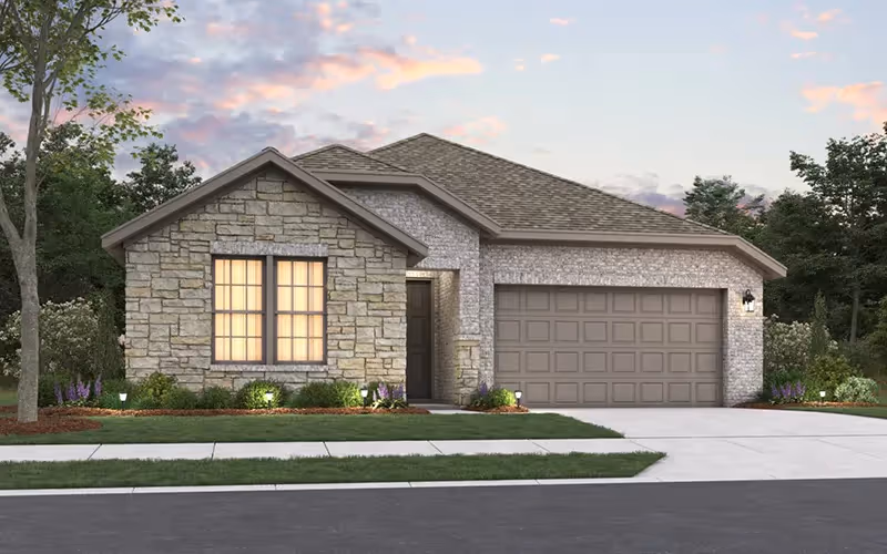 exterior colored rendering of alder plan. one story brick home with 2 car garage