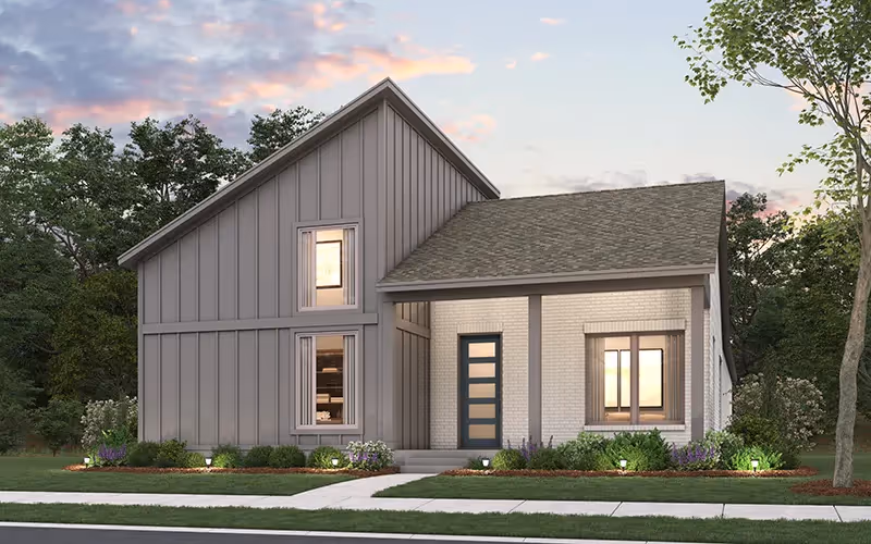 exterior rendering of birchwood plans with slanted roof in dusk lighting