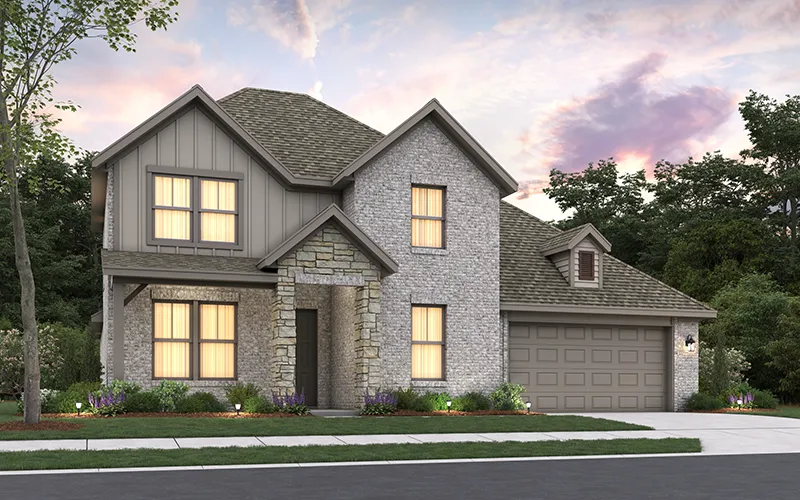 Two story white brick house with brown wooden shutters