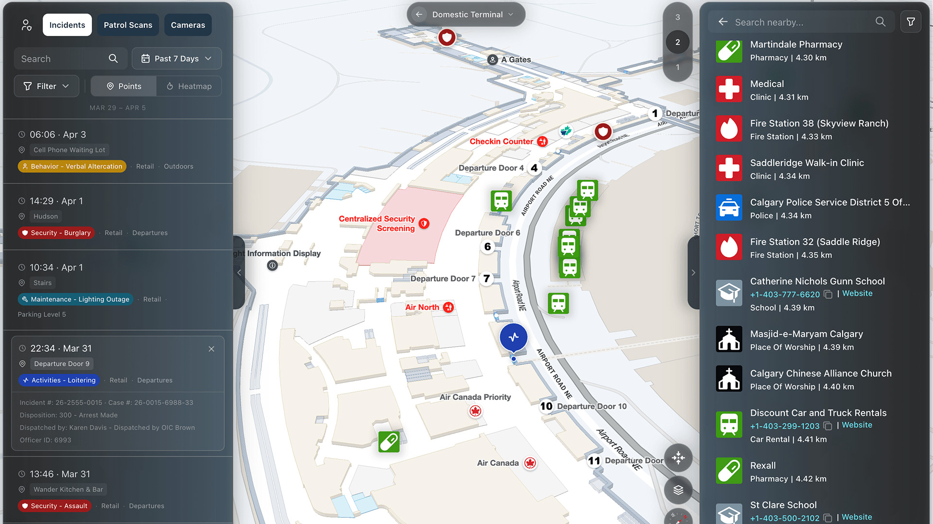 Screenshot of Mappedin’s digital indoor mapping platform showing an airport terminal layout. The interface includes a 3D map with labeled areas such as departure doors, check-in counters, and security screening.