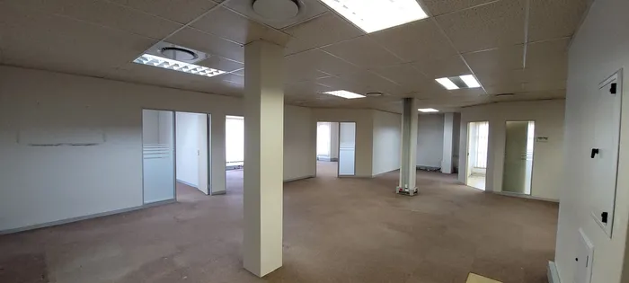 Photo of an empty office space with white walls, ceiling lights, and several pillars.